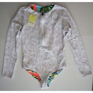 Maaji Women's Sz XL White/Multi Cuba Print 1-Pc L/S Reversible Swimsuit